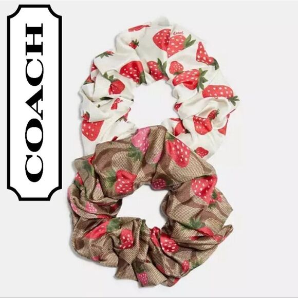 Coach Strawberry Print 100% Silk Scrunchie Set (2 scrunchies) - Picture 1 of 4